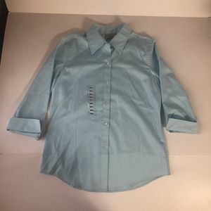 Liz Claiborne Liz Wear Womens Button Up Blouse Blue Small Cuffed 3/4 Sleeve NWT